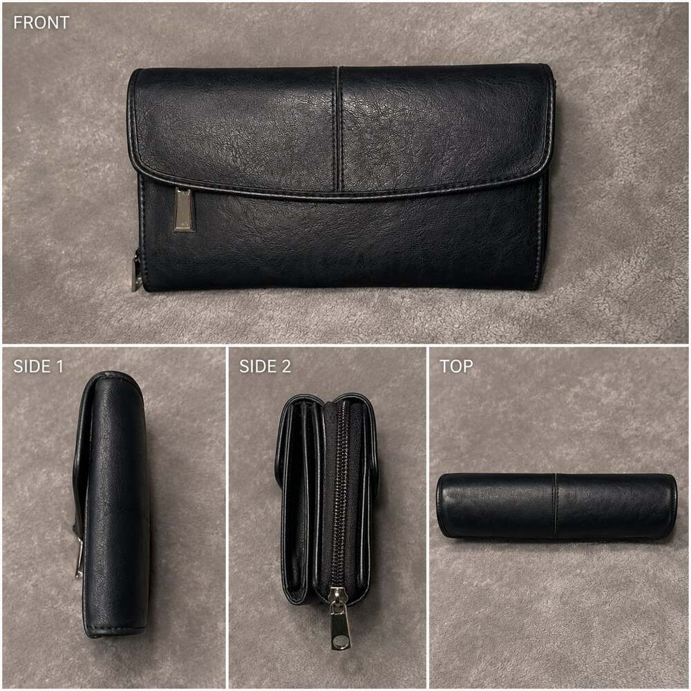 Black Faux Leather Trifold Clutch Wallet Multi-Card Organizer Zipper Compartment
